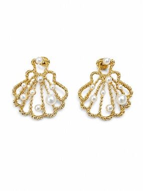 Gold Pearl Shell-Frame Drop‎ Earrings